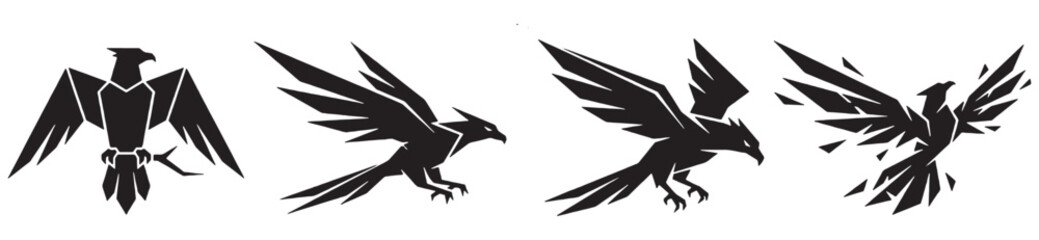 Obraz premium Set of four stylized black bird silhouettes in flight, representing different stages of movement and abstraction.