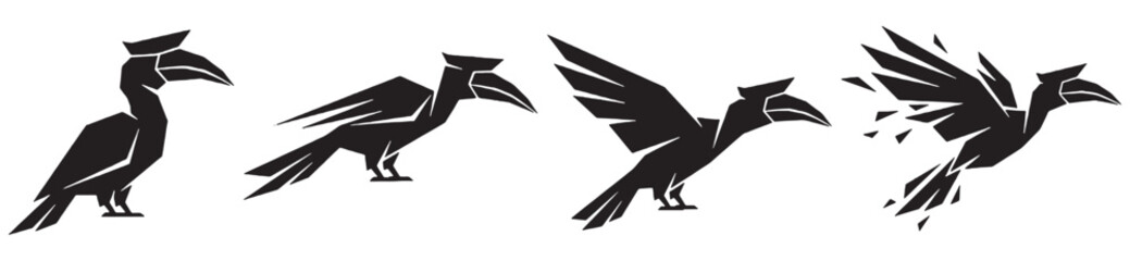 Sequence of a hornbill bird taking flight and transforming into abstract shapes. © Riki