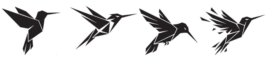 Sequence of a hummingbird in flight, depicted as a geometric origami style, showing motion and transformation. © Riki