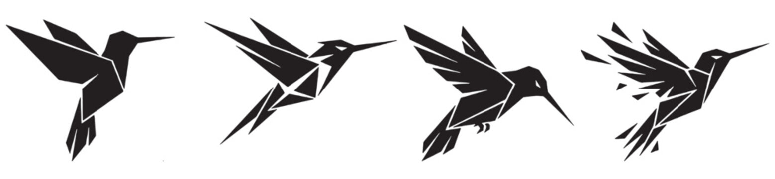 Sequence of a hummingbird in flight, depicted as a geometric origami style, showing motion and transformation.