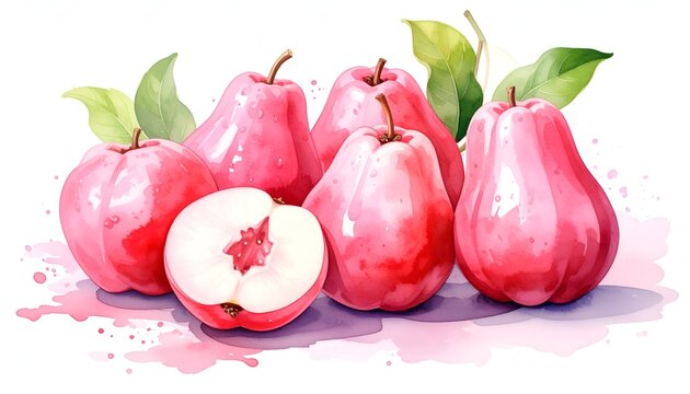 Vibrant watercolor illustration of fresh pink rose apples, also known as Java apples, showcasing their luscious texture and tropical appeal with a delicate artistic touch