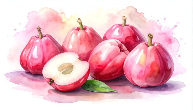Lush watercolor painting of vibrant pink wax apples, showcasing their juicy texture. A halved fruit reveals its delicate core, artfully arranged on a soft, painterly background