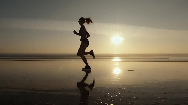 Woman Running on Beach at Sunset.