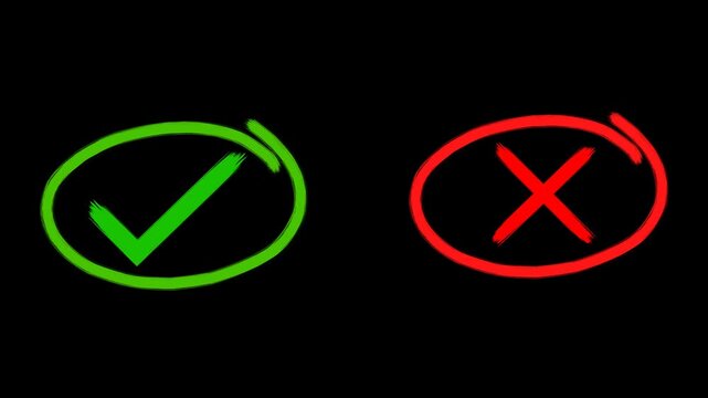Hand drawn green tick mark and red cross mark inside rough sketch circles with subtle wiggle animation, isolated on transparent background for approval and rejection overlays in 4K.