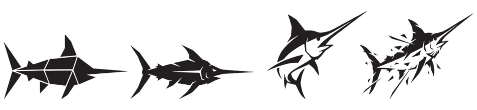 Collection of stylized swordfish silhouettes in various artistic interpretations.