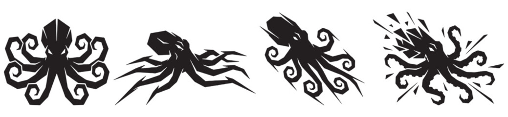 Set of four stylized black octopus illustrations in different poses and actions. © Riki