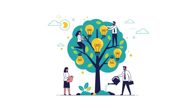 Team of innovators cultivating a tree of glowing lightbulbs representing nurturing of creative ideas and business growth.