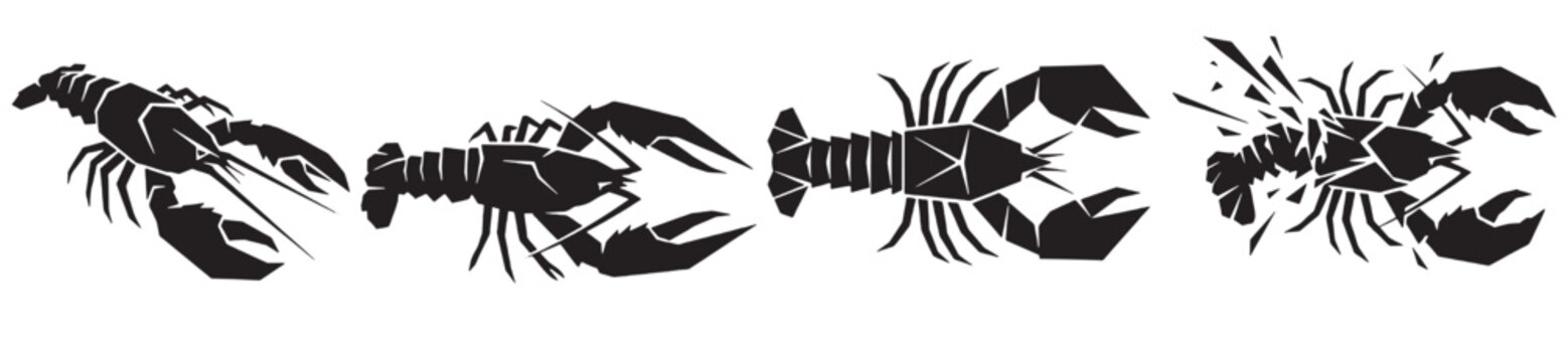 Collection of four black silhouette illustrations of lobsters in various poses and actions on a white background.