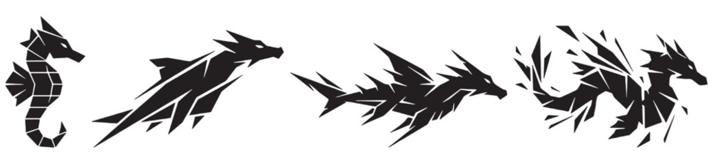 Evolutionary sequence of mythical sea creatures from seahorse to dragon silhouette. © Riki