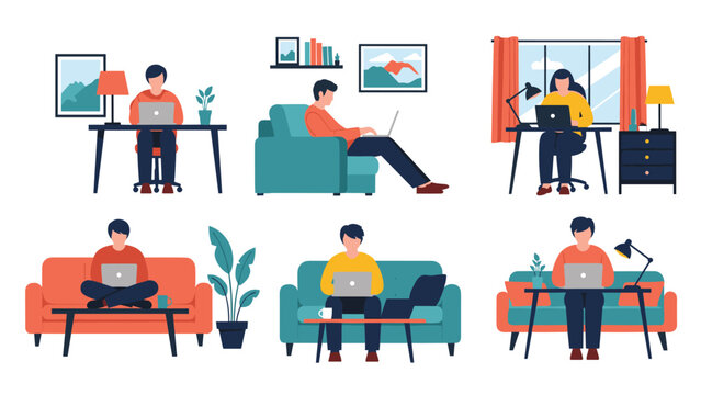 Diverse people working from home using laptops on sofas and desks illustrating the modern remote work lifestyle and flexible office culture.