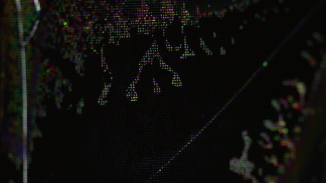 Pixel glow. Screen error. Yellow dark black color noise vibration fluid explode splash purple lines pattern on art abstract bokeh background.