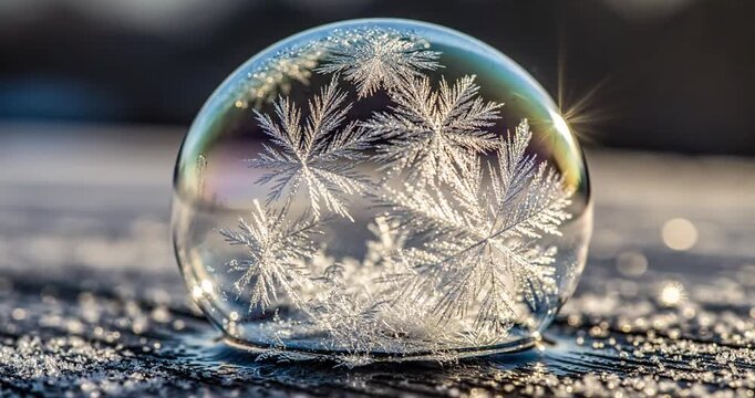 Frosted soap bubble with intricate snowflake patterns resting on a wooden surface at sunrise