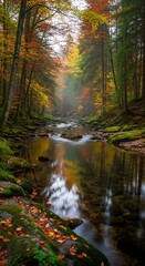 Obraz premium Peaceful Stream Flowing Through a Vibrant Fall Forest.