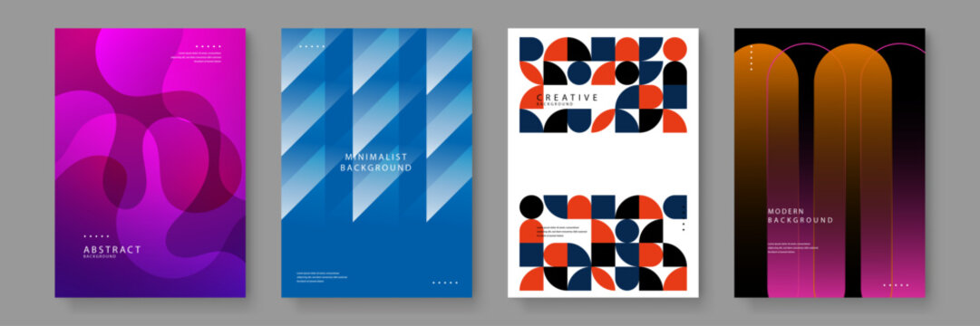 Set of four professional abstract backgrounds featuring fluid shapes and geometric patterns for corporate branding and marketing materials