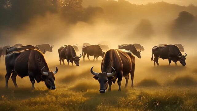 Herd of Gaur Bison grazing in misty sunrise light on a grassy plain.