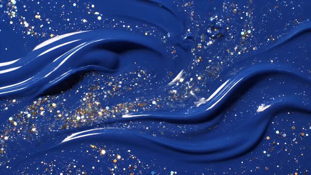 Blue Liquid Glitter Abstract - A close-up shows a mesmerizing blue liquid surface with shimmering glitter particles. The liquid forms wavy patterns, creating an abstract and textured background.