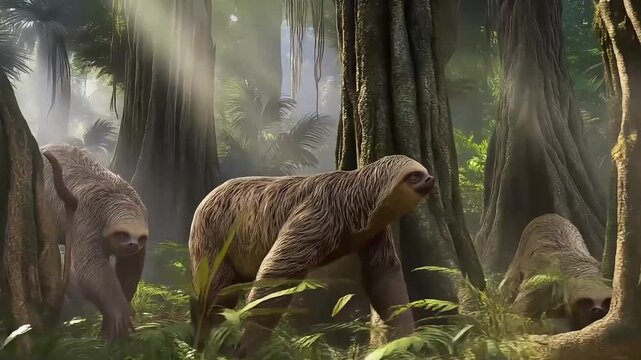 Prehistoric Giant Ground Sloths Roaming Through a Lush, Ancient Jungle Landscape with Towering Trees and Dense Foliage.