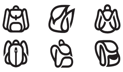 Collection of stylized backpack icons representing different designs and perspectives, perfect for travel or outdoor activity themes. © Riki