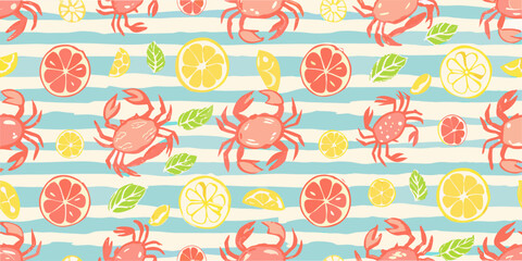 A colorful summer pattern featuring crabs citrus fruits and leaves © Dipu