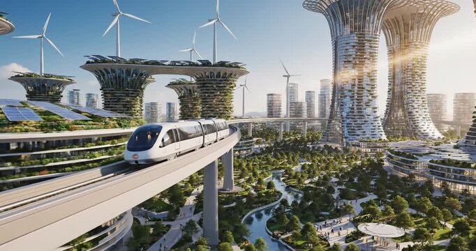 Futuristic cityscape featuring a monorail gliding through green architecture and wind turbines