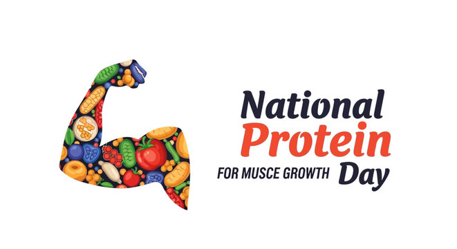 National Protein Day illustration featuring a flexed arm made of food for muscle growth and nutritional awareness in the USA