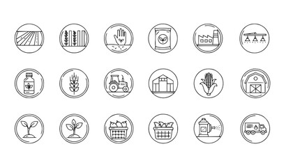 Fototapeta premium Minimal agriculture outline badge icon set with field sowing fertilizer agro industry nutrition symbols isolated on transparent background