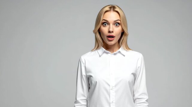 Surprised young beautiful woman pointing finger to side at empty copy space for product or advertising, female feeling shocked or amazed looking at camera isolated on white studio