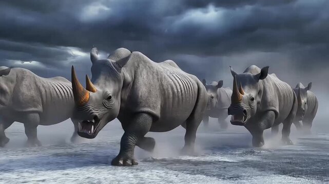 Three rhinos running through a dusty landscape under a stormy sky.