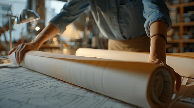 Man Examining Large Architectural Blueprint in Office.