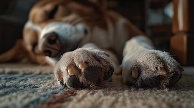Dog Sleeping on Rug Closeup Paws.