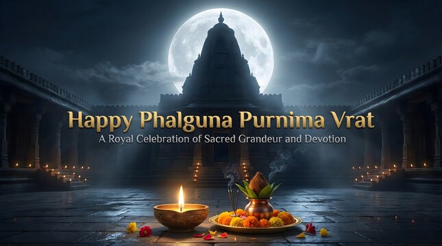 Phalguna purnima vrat celebration with temple and moonlight