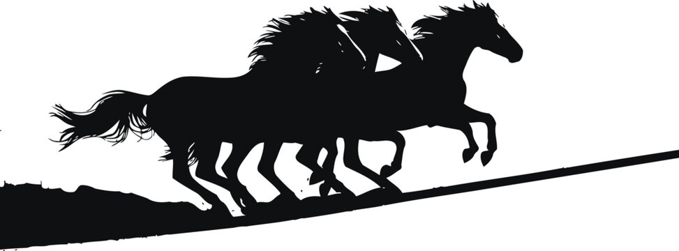 Adobe Illustrator ArtworkStriking black and white silhouette illustration capturing three powerful wild horses galloping together across a rugged landscape in dynamic motion vector art
