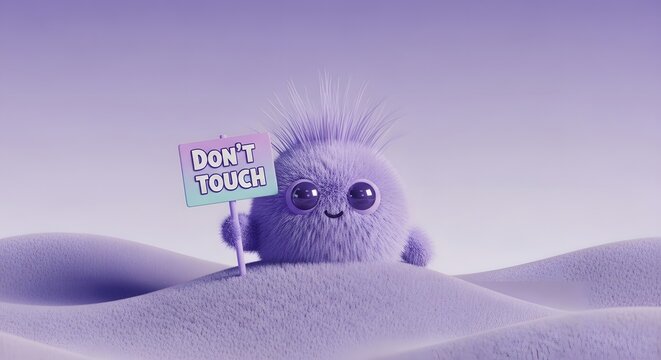 Smiling purple furry monster holding a dont touch sign on hills. Privacy and safety communication. Happy fluffy character standing in a field of fur with a warning board