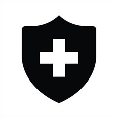 Obraz premium Black shield with white cross symbol on white background medical health