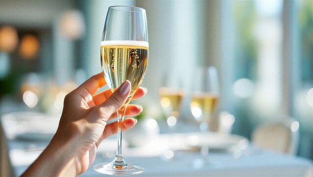 A woman's hand is holding up a glass of sparkling champagne in a bright, elegant restaurant or event setting