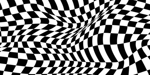 Obraz premium Abstract checkered background with distortion effect. Checkered pattern. surface. Black and white background, distorted chessboard. Abstract banner with distortion. Vector illustration.