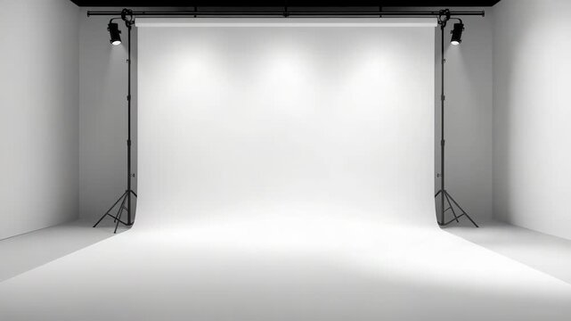 White photography studio backdrop seamless cyclorama with continuous floor lighting stands