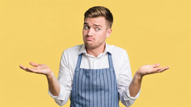 Confused Waiter Shrugging with Uncertainty on Yellow Background