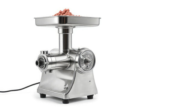 Stainless steel meat grinder with raw meat on tray