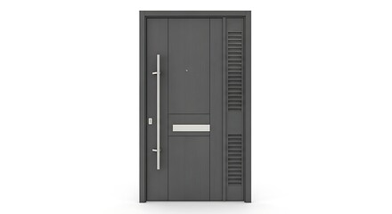 A sleek dark gray exterior door is presented on a white background featuring modern hardware and paneling high quality professional detailed elegant stylish