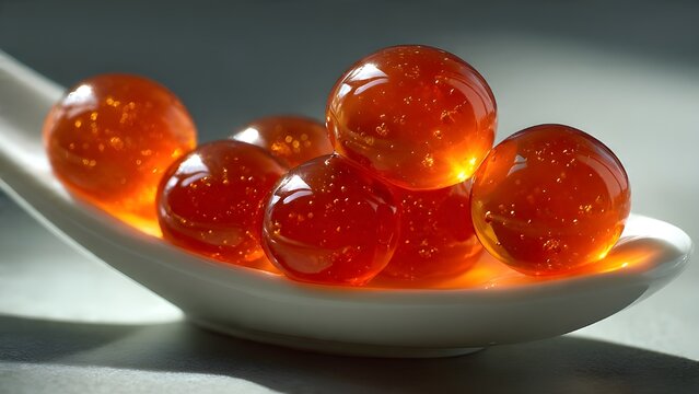 Glowing Orange Molecular Gastronomy Spheres on White Spoon, Liquid Gel Pearls, Spherification Food Design, Macro Luxury Culinary Appetizer
