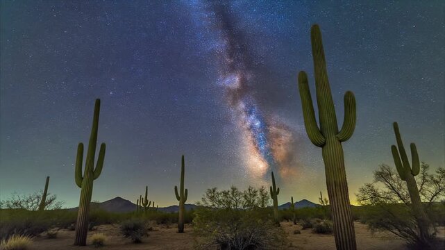 A stunning nightscape of the desert, where tall cacti stand beneath the radiant, star-studded sky, with a bright Milky Way