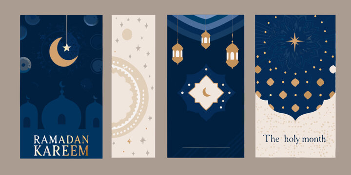 Four vertical ramadan kareem themed banners with islamic decorative elements