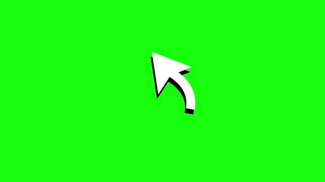 Looping 2D animation of a big white mouse cursor arrow moving in an arc and clicking, simple flat style with black drop shadow, isolated on bright green chroma key background.