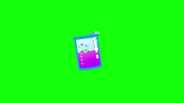 Looping 2D animation of a blue laboratory beaker tilted slightly, bright purple liquid sloshing and mixing inside with colorful bubbles rising, centered on bright green chroma key background.