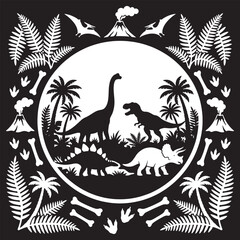 A prehistoric scene featuring various dinosaurs, palm trees, ferns, and volcanoes in a circular frame. © Riki