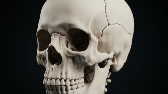 Detailed close-up of a human skull, showcasing intricate bone structure and anatomical features, perfect for medical and educational contexts.