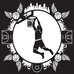 Silhouette of a basketball player dunking a ball with wings and city skyline elements. © Riki
