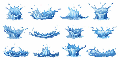 Collection of vibrant blue water splashes and droplets on white background