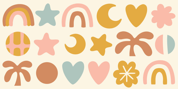 Colorful abstract shapes and celestial forms in a playful arrangement